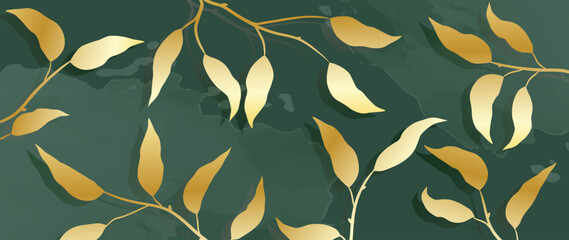 Botanical vector art background. Line drawing of a golden abstract eucalyptus branch and foliage, with watercolor on a dark green background. Abstract botanical art for wall prints, canvas prints