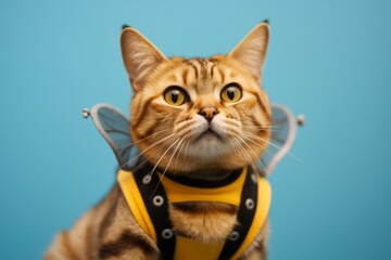 funny cheetoh cat wearing a bumblebee wings harness in periwinkle blue background