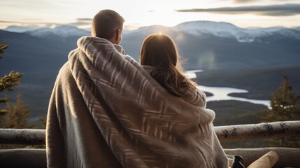 A couple, cozily wrapped in blankets, stands in awe of their new log cabin retreat. Set against the breathtaking backdrop of distant snow-capped peaks
