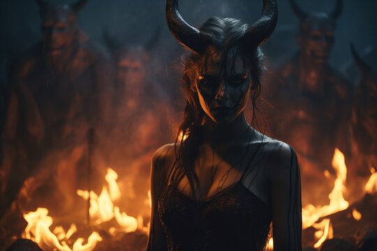 Female Demon, The Hellish Allure of Halloween, A Fiery Devil of Malevolence, Roaring in the Fiery Abyss, a Terrifying Spectacle