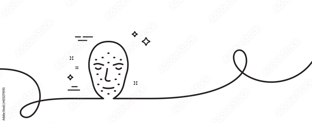 Poster face biometrics line icon. continuous one line with curl. facial recognition sign. head scanning sym