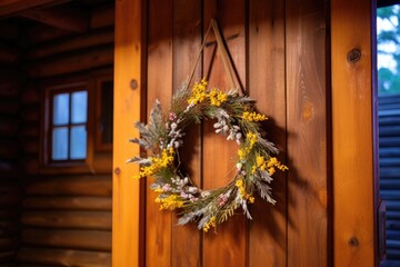 a solstice wreath hung on a wood cabin door