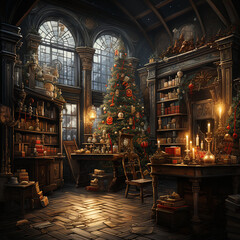 Obraz premium Christmas theme illustration with Christmas trees, candles, Santa Clause and presents