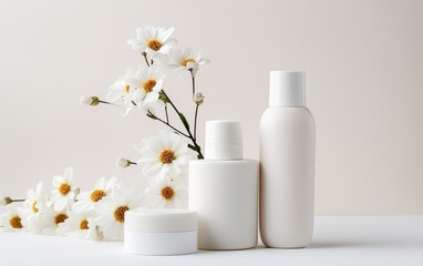 Blanc cosmetic products bottles on a white background with chamomiles. Ceramic vase with chamomiles. Herbal skincare concept. Beauty, cosmetology, skin care industry concept