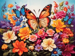 Fototapeta na wymiar color flowers and butterflies background