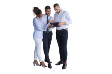 Group of modern business people are talking and smiling while standing on a transparent background
