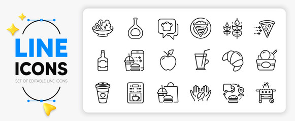 Supply chain, Coffee cup and Food order line icons set for app include Food delivery, Gluten free, Cognac bottle outline thin icon. Coffee, Crepe, Cooking hat pictogram icon. Croissant. Vector
