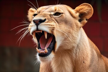 Obraz premium a lioness reacting to the roaring sound from a speaker