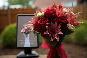 a proposal message on a phone screen beside a bouquet