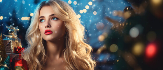 Fototapeta premium Portrait of Stunning Young Woman Celebrating the Holidays in a Festive Christmas Setting, High-Quality Seasonal Photography