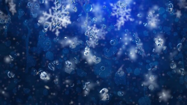 Drops of rain falling through the glass Blue background with falling snow.