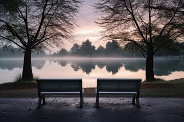 twin park benches facing a calm lake