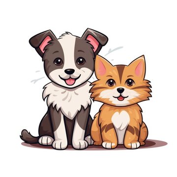 Cartoon illustration of a dog sitting next to a cat, AI generated Image