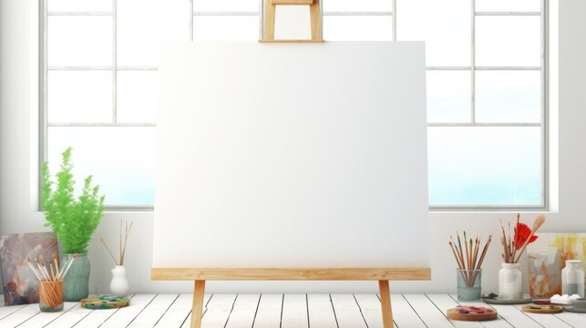 blank canvas on an easel with art supplies around