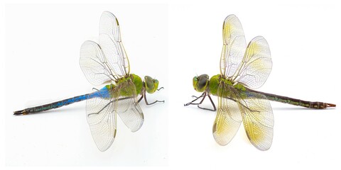 Male and female common green darner - Anax junius - is a species of dragonfly in the family Aeshnidae. One of the most common species throughout North America isolated on white background two views - obrazy, fototapety, plakaty