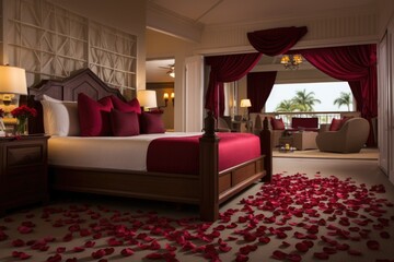 luxurious honeymoon suite with rose petals scattered on a bed