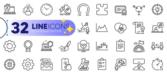 Outline set of Music, Chemistry lab and Idea line icons for web with Candlestick graph, Certificate, Recovery gear thin icon. Confirmed mail, Interview job, Execute pictogram icon. Vector