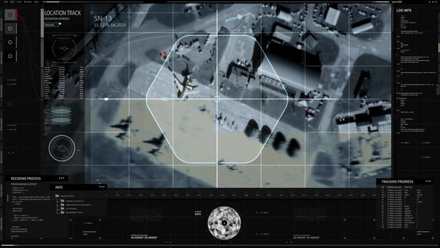 Military Spy Satellite Surveillance Technology Data Network System. Enemy Air Base Aerial View Via Spy Reconnaissance Satellite System. Modern Spy Satellite Streaming Enemy Base Location.