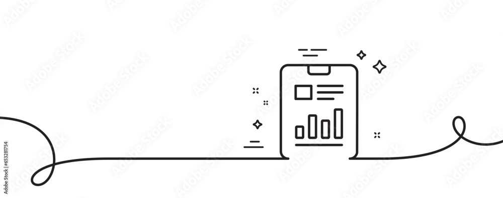 Poster report document line icon. continuous one line with curl. analysis chart or sales growth sign. stati