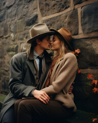 A beautiful portrait of a woman and man in autumn fashion, wearing a fedora and coat while kissing amidst nature and stone buildings, captures the wild emotion of the season