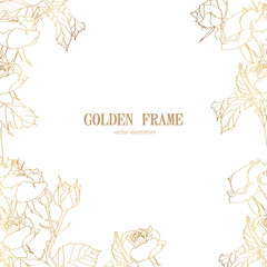 Golden roses flowers. Background Illustration. Line flowers frame.  Exotic hawaiian jungle, summer time border frame. 