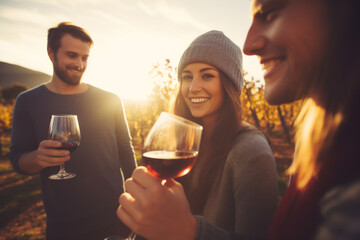 A sun drenched vineyard, a diverse group of individuals gathers to enjoy a leisurely afternoon of wine tasting. Man and woman toasting, clutching elegant wine glasses. Generative Ai