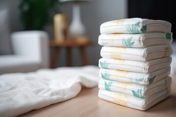stack of baby diapers next to a pack of maternity pads