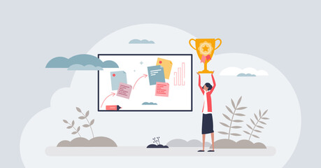Fototapeta na wymiar Business victory and company plan successful achievement tiny person concept. Reach TOP with determination and motivational effort vector illustration. Businesswoman award for best financial profit.