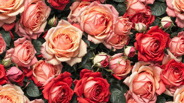 Realistic seamless wallpaper of beautiful roses with mixed colors. Generative AI