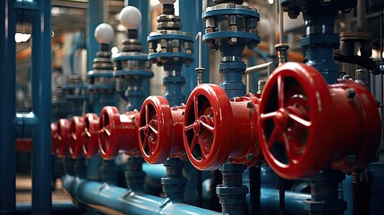 A close-up view of a network of oil and gas valves in a gas plant. - obrazy, fototapety, plakaty