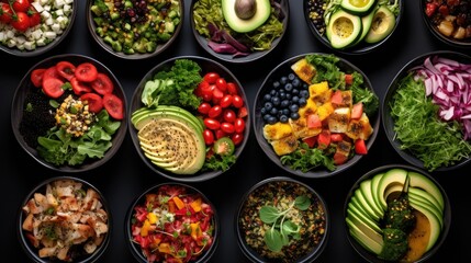 A top-down view of a beautifully arranged assortment of healthy food dishes.