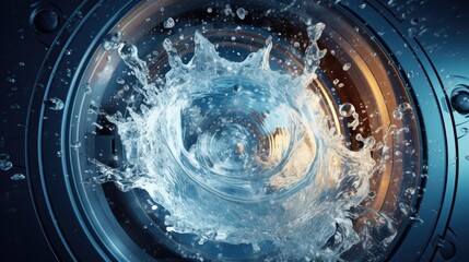 Image of a washing machine drum brimming with clean water. - obrazy, fototapety, plakaty