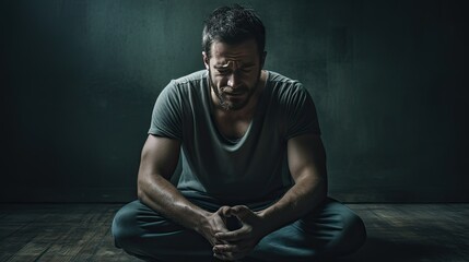Image of depressed man on a dark background. - obrazy, fototapety, plakaty