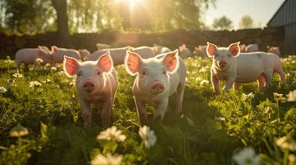 Fotobehang Image of organic pigs and piglets grazing freely in a lush green pasture. © kept