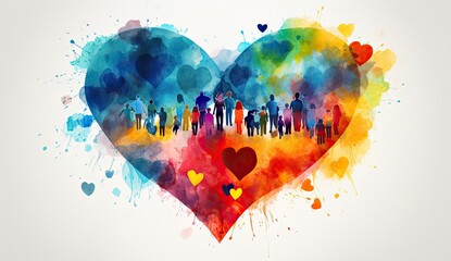 Tłum ludzi trzymających kolorowe serca. Symbol miłości i jedności.  - obrazy, fototapety, plakaty