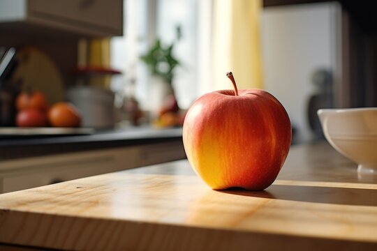 A solitary apple resting on a kitchen table. Generative AI