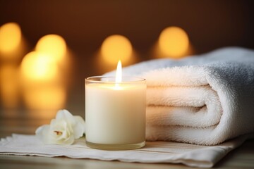 Fototapeta na wymiar close-up of a lit scented candle next to a bath towel