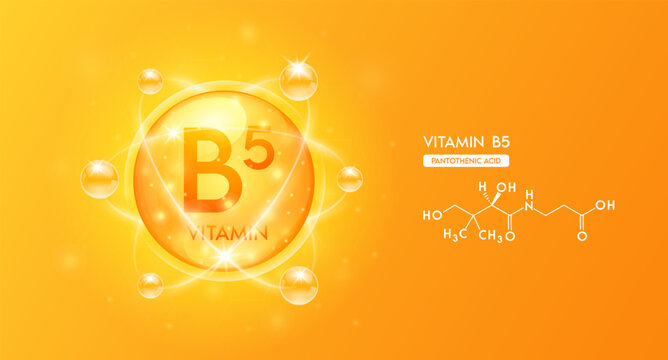Vitamin B5 with structure chemical formula. Vitamins complex and  bubble collagen serum orange for cosmetics design. Beauty treatment nutrition skincare. Medical concepts. 3D Vector.