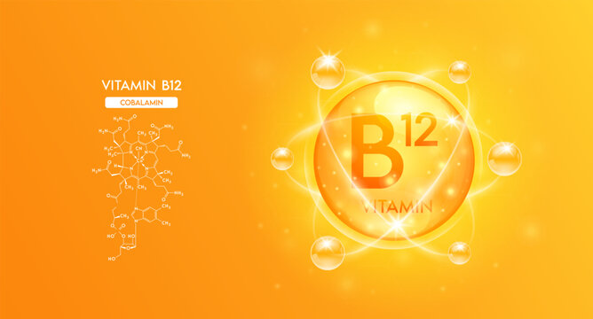 Vitamin B12 with structure chemical formula. Bubble collagen serum orange and Vitamins complex for cosmetics design. Medical concepts. Beauty treatment nutrition skincare. 3D Vector.