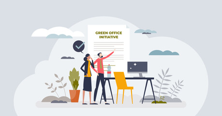 Eco friendly office for company with green principles tiny person concept. Sustainable and environment care standards for cooperation workplace vector illustration. Modern ecological area for work.