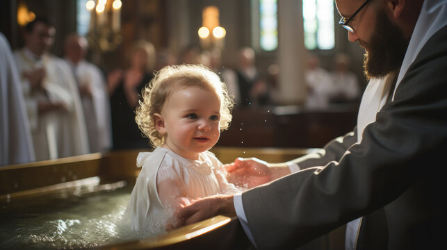 Generative AI, sacrament of baptism of a small child in a Christian temple, religious traditional rite, ablution, Catholicism, Orthodoxy, church, cathedral, priest, family, baby, boy, girl, holy water