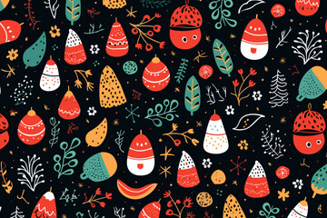 christmas quirky doodle pattern, wallpaper, background, cartoon, vector, whimsical Illustration