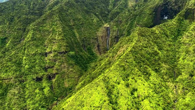 Aerial Kauai cascading waterfalls vacation Island Hawaii USA 