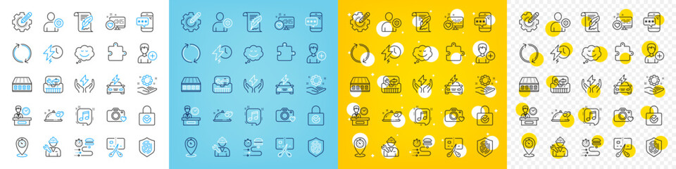 Vector icons set of Speech bubble, Presentation time and Musical note line icons pack for web with Mattress, Photo camera, Timer outline icon. Charging time, Bankrupt, Settings gear pictogram. Vector