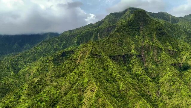 Aerial mountain slopes scenic Island of Kauai Hawaii 