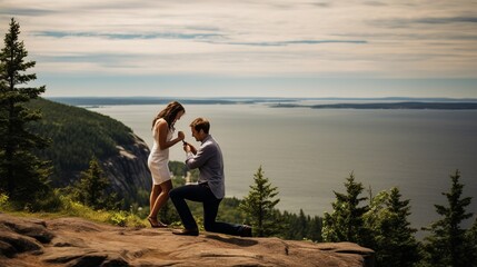 A man, down on one knee, proposes to his partner against the majestic backdrop of a cliffside overlooking the vast ocean. The woman's hand covers her surprised gasp