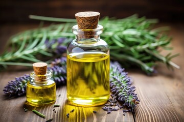 Obraz na płótnie Canvas close up of organic lavender essential oil bottle