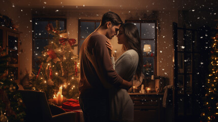 Un homme et une femme s'embrasse à Noël, couple à Noël - obrazy, fototapety, plakaty