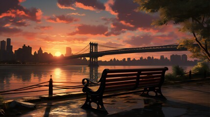 sunset over a city with a bridge and a bench in the foreground generated by AI