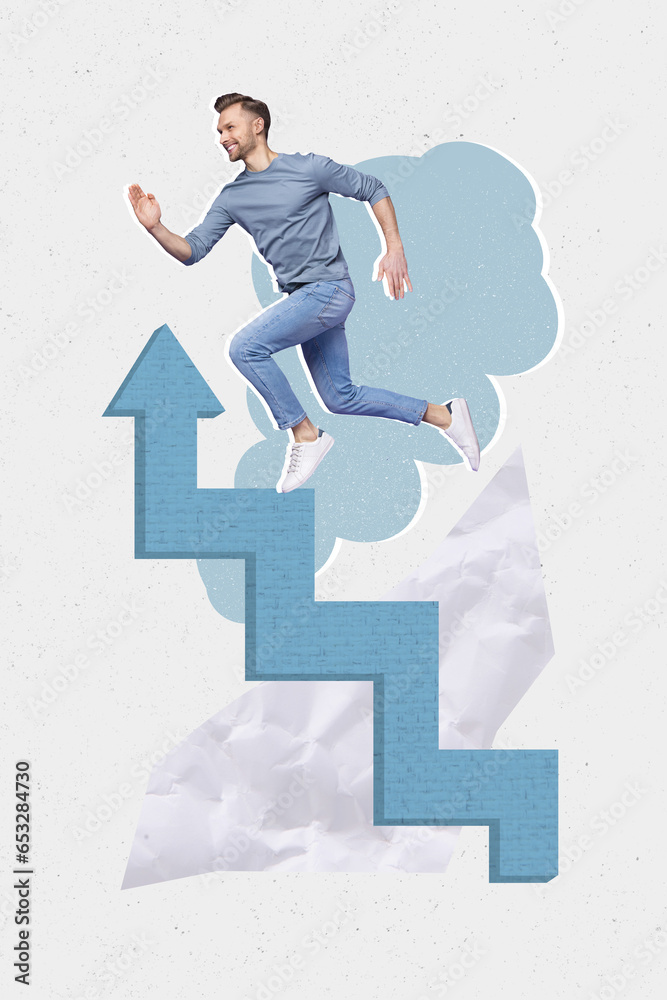 Poster vertical collage image of positive guy running climb growing arrow upwards stairs isolated on painte